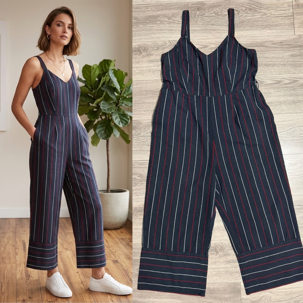 100% Cotton Jumpsuit Size XL Navy Striped Wide Leg Sleeveless Cropped Pocket